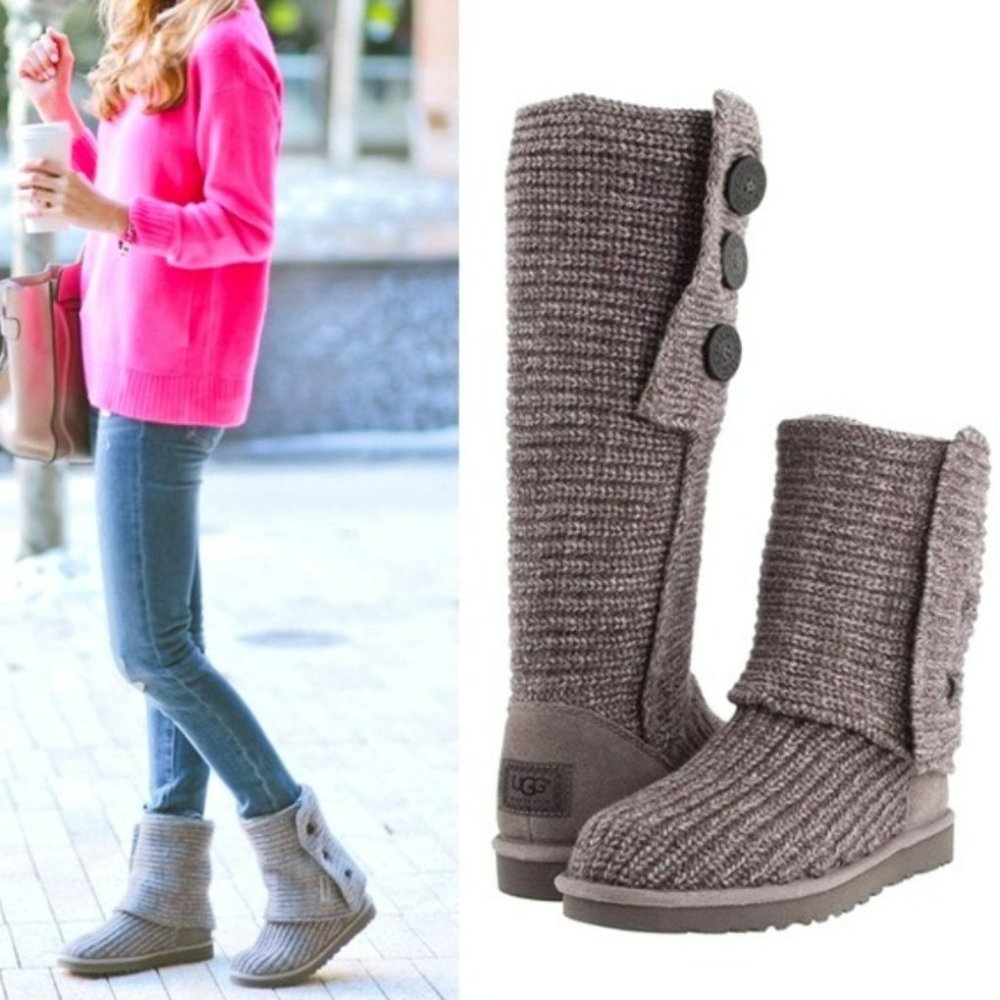 💥HOT ITEM💥UGG Cardy Sheepskin Wool Treadlite Slouch Button Boot in Grey - Picture 2 of 16